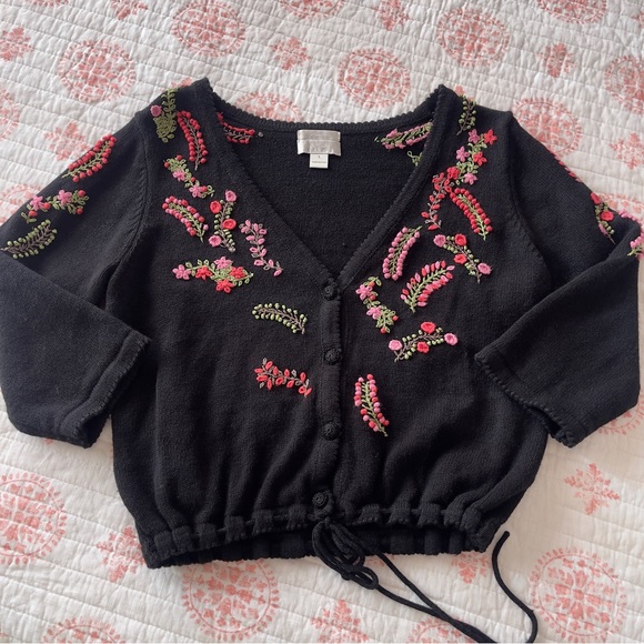 Vintage Sweaters - Vintage Y2K Embroidered Crop Drawstring Button Floral Grandma Cardigan Sweater